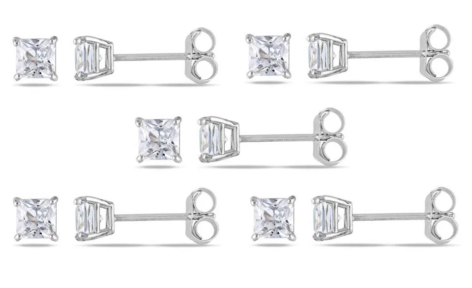 18k White Gold Plated Created White Sapphire 4Ct Square Cut Set of Five Stud Earrings