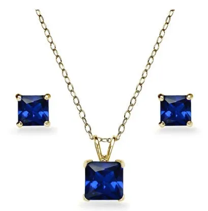 18K Yellow Gold 1/2ct Tanzanite Square 18 Inch Necklace and Earrings Set Plated