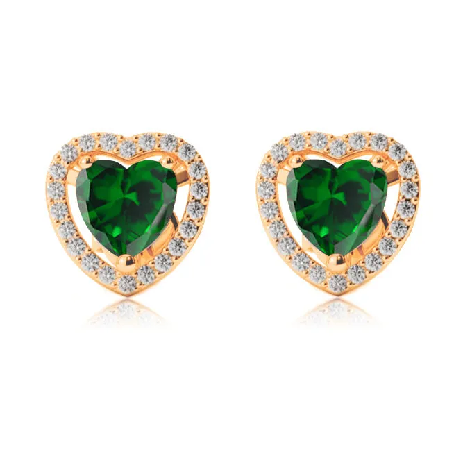 18k Yellow Gold Plated 1/2 Ct Created Halo Heart Emerald Stud Earrings