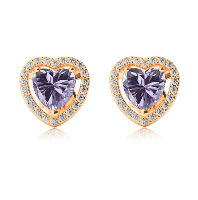 18k Yellow Gold Plated 2 Ct Created Halo Heart Tanzanite Stud Earrings