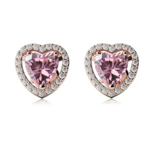 24k Rose Gold Plated 4 Ct Created Halo Heart Pink Sapphire Stud Earrings