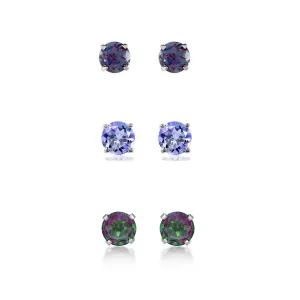 24k White Gold Plated 1Ct Created Alexandrite, Tanzanite and Mystic Topaz 3 Pair Round Stud Earrings