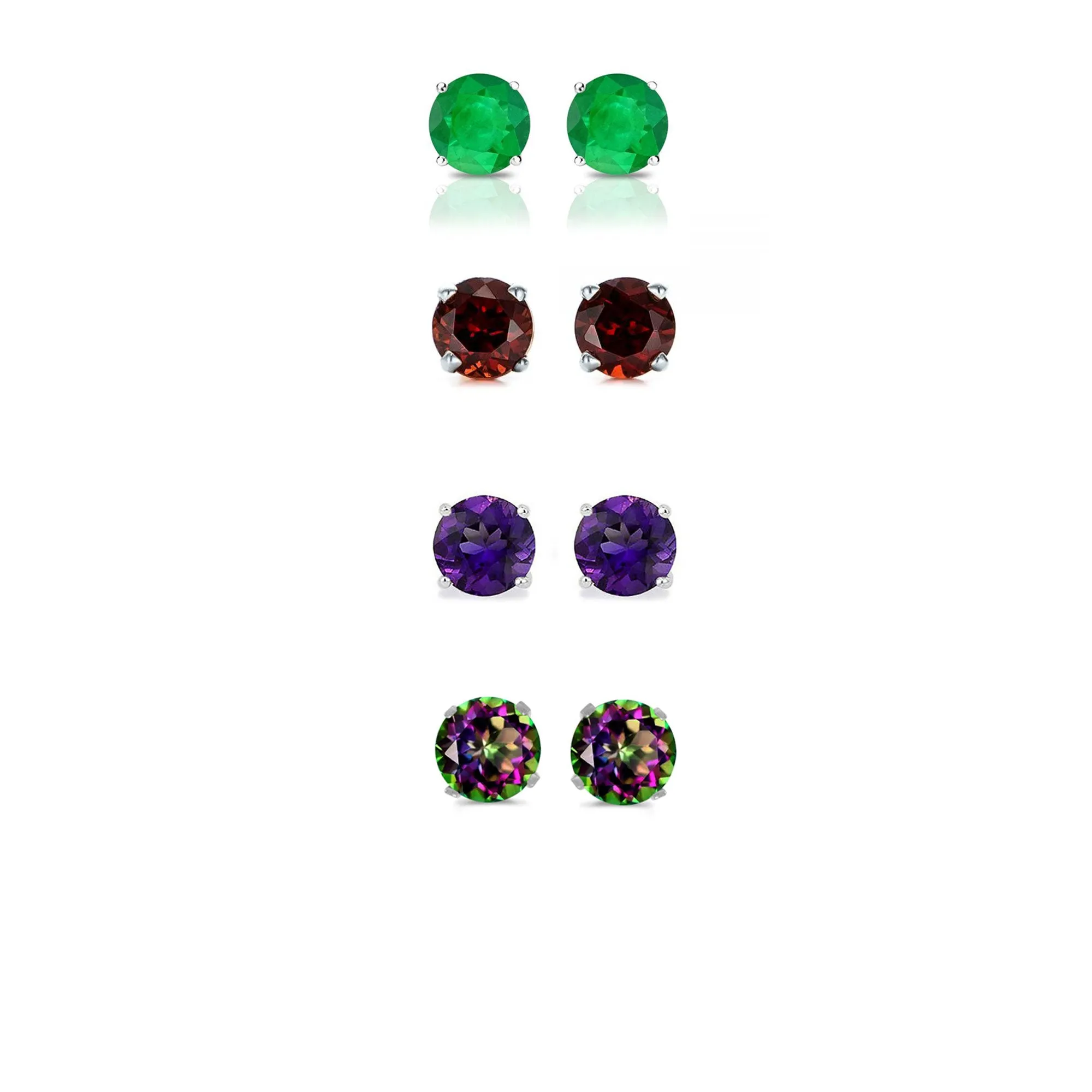 24k White Gold Plated 3Ct Created Emerald, Garnet, Amethyst and Mystic Topaz 4 Pair Round Stud Earrings