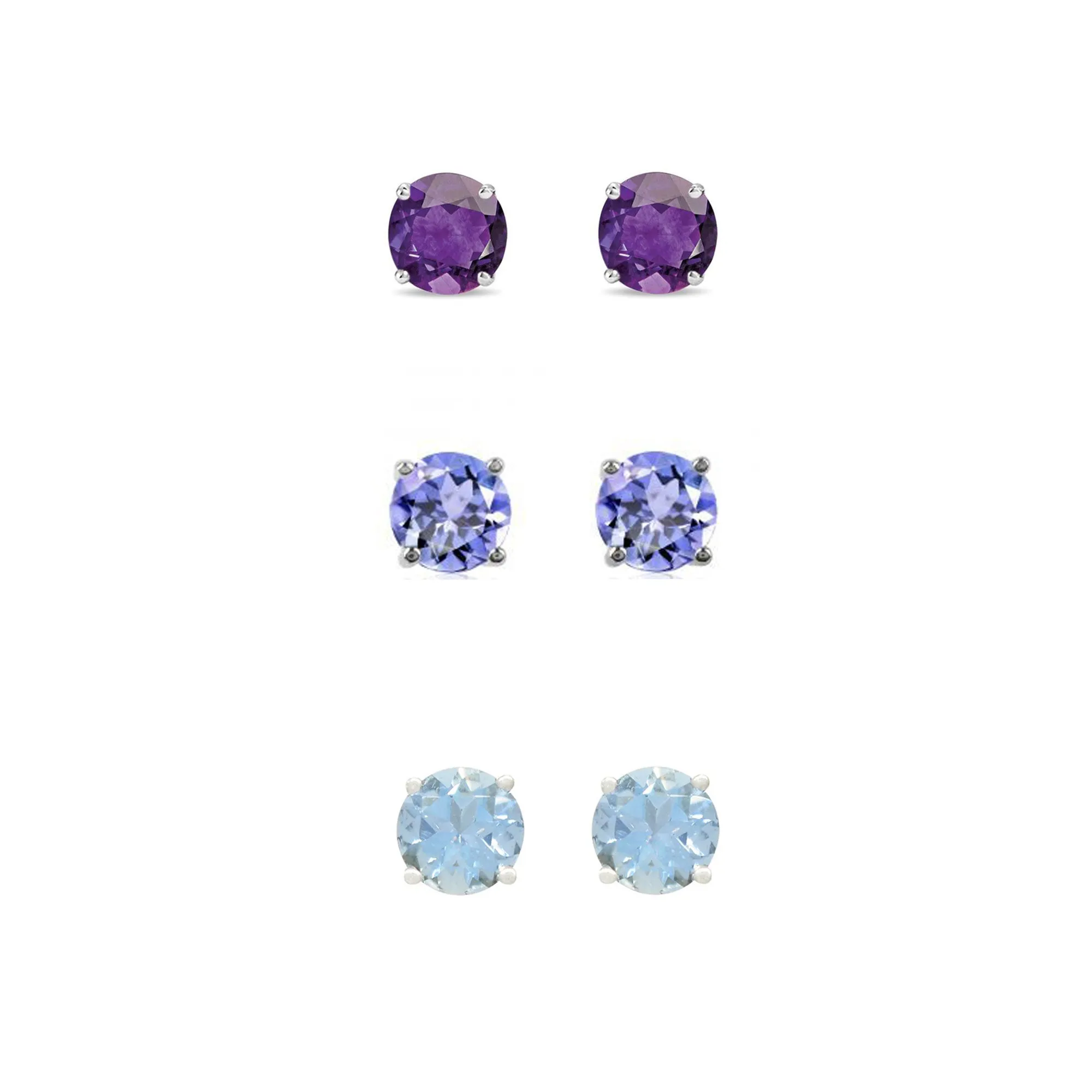 24k White Gold Plated 4Ct Created Amethyst, Tanzanite and Aquamarine 3 Pair Round Stud Earrings Plated