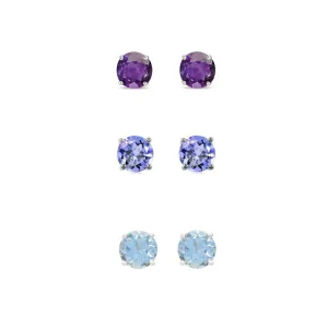 24k White Gold Plated 4Ct Created Amethyst, Tanzanite and Aquamarine 3 Pair Round Stud Earrings Plated