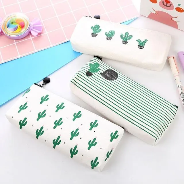 3 Pcs Canvas Travel Cactus Schoo Non-toxic Pencil Case