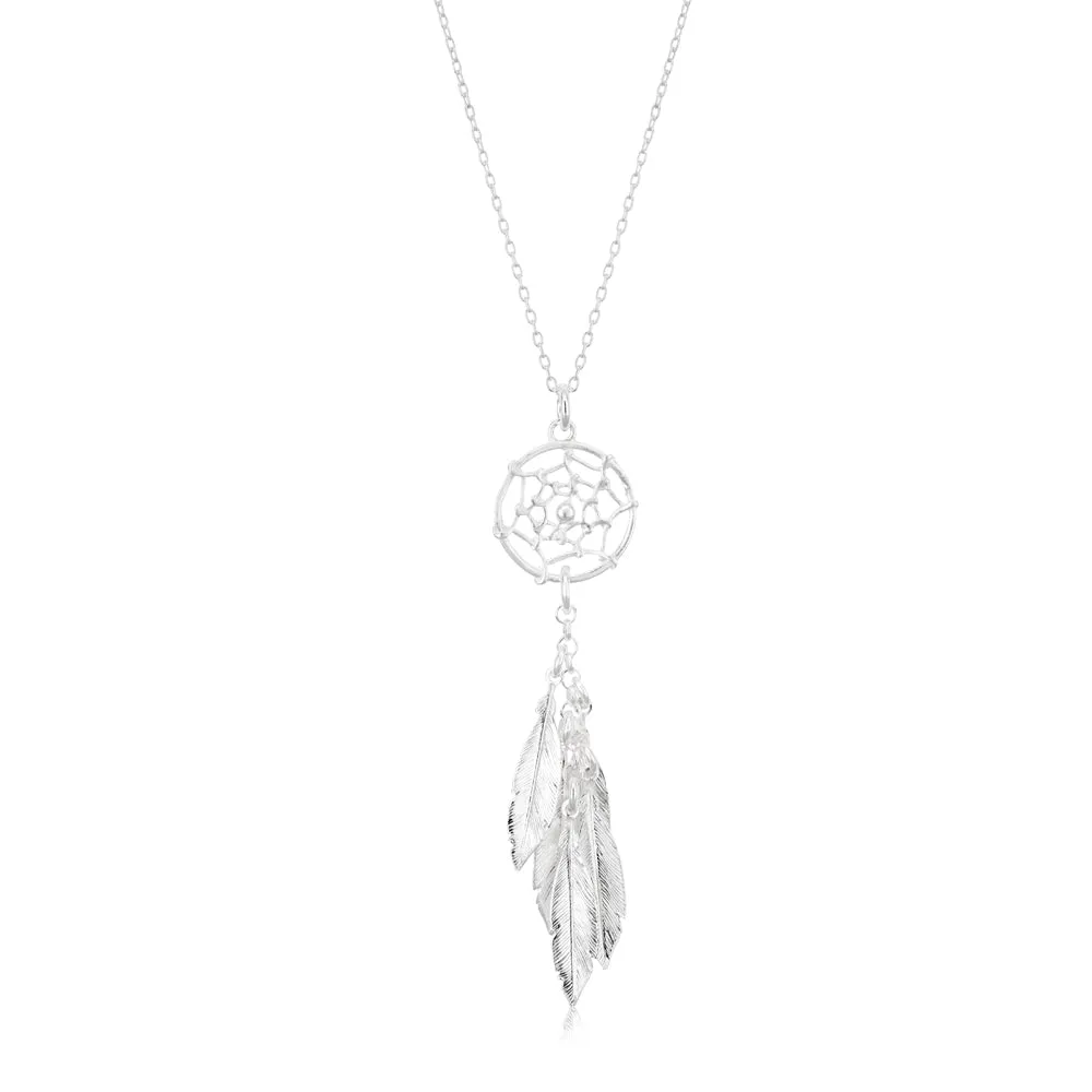 41cm Sterling Silver Multi Feather Dreamcatcher Drop Pendant