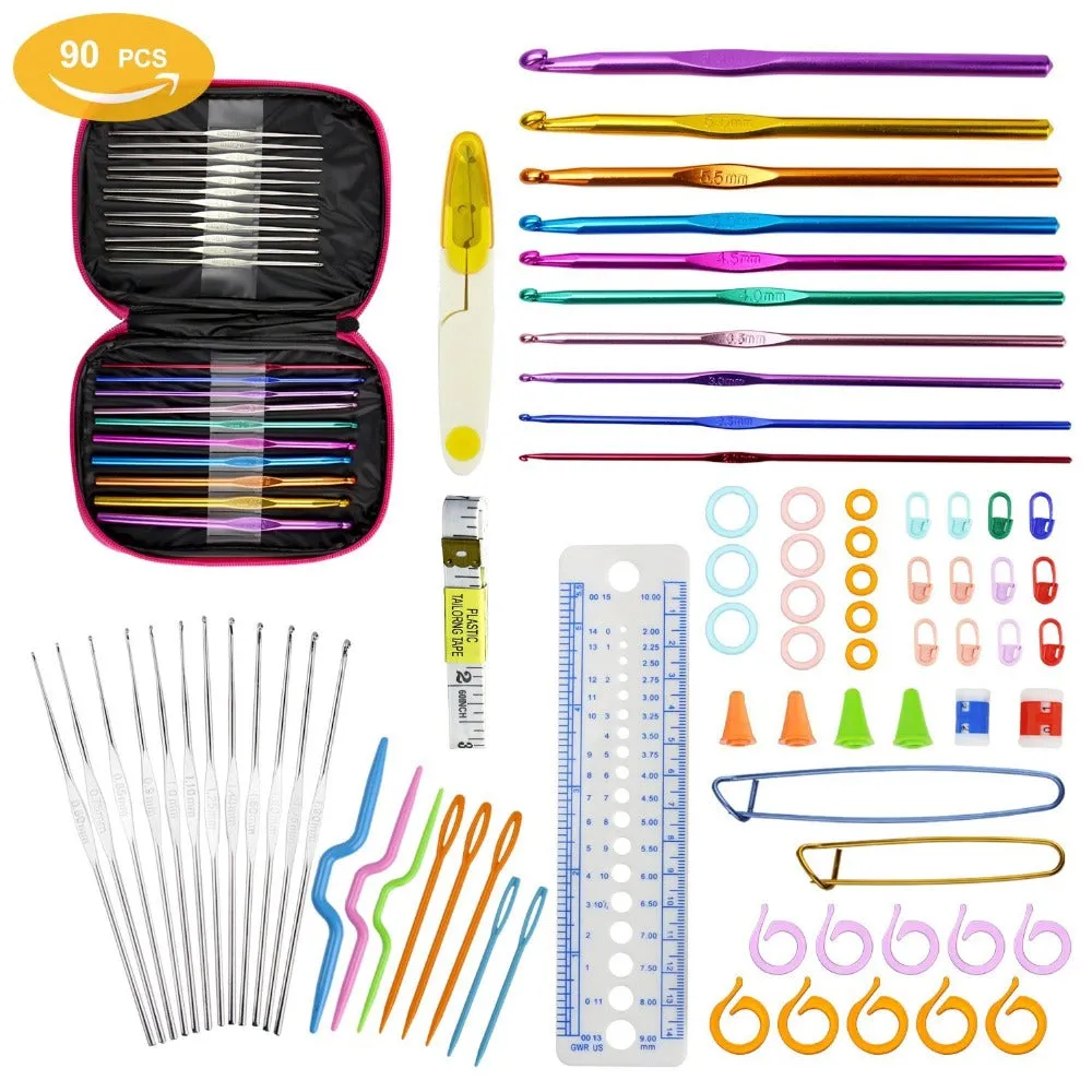 90pcs Crochet Hooks Set  Ergonomics Knitting Needles Aluminum Weave Craft Sewing Tools with  Case Bag