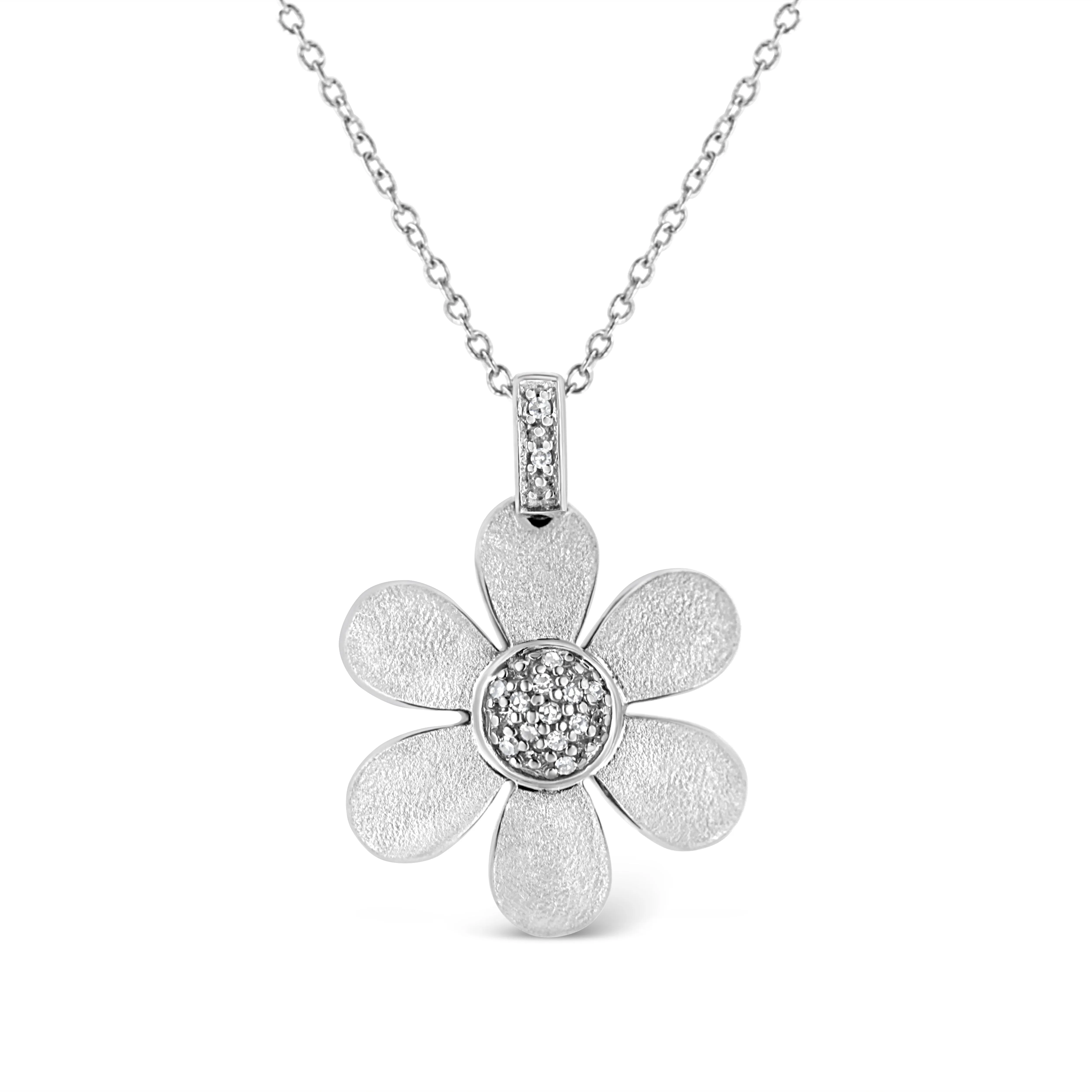 .925 Sterling Silver Pave-Set Diamond Accent Flower 18" Pendant Necklace