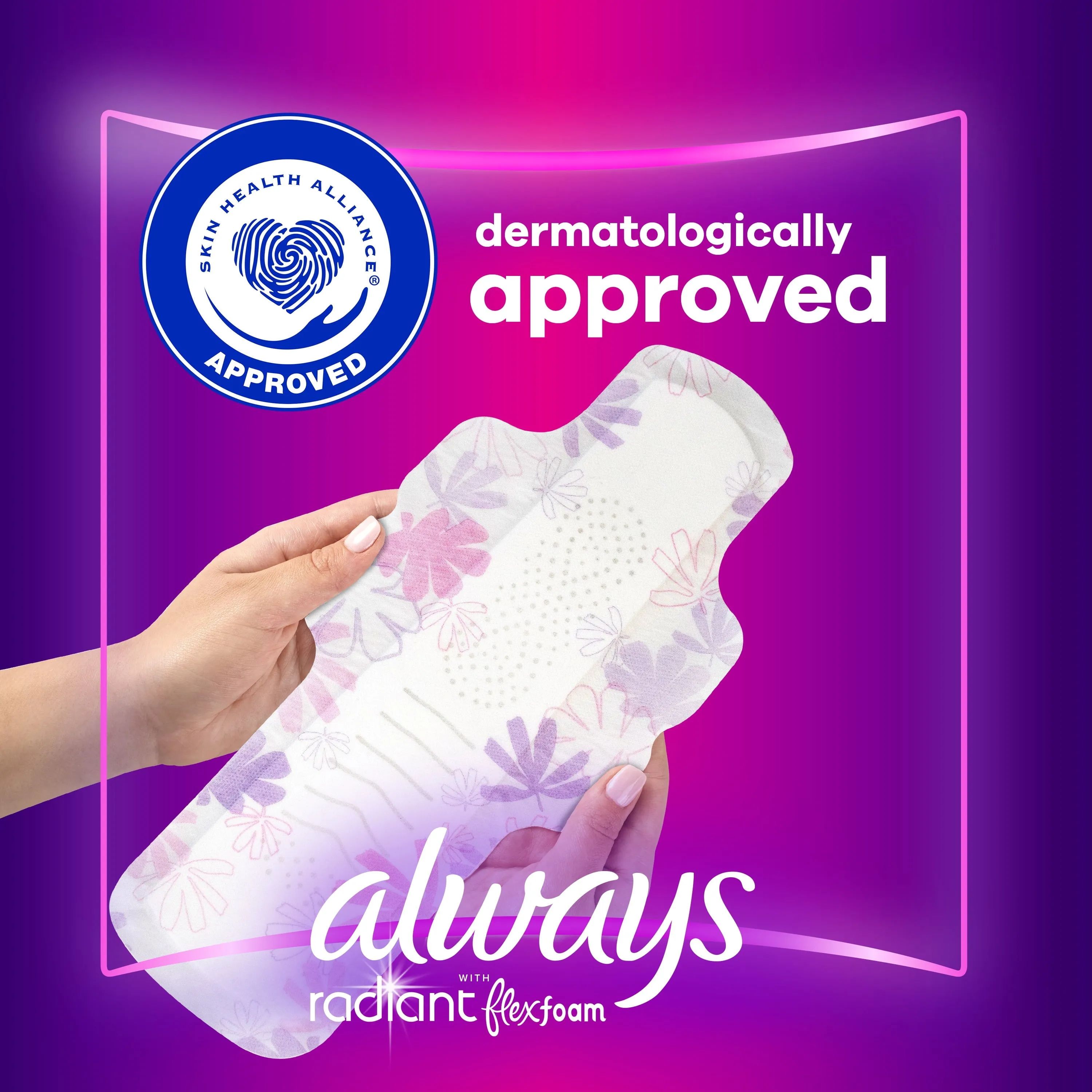 Always Radiant Feminine Pads with Wings, Size 5, Extra Heavy Overnight Absorbency, Scented, 26 CT