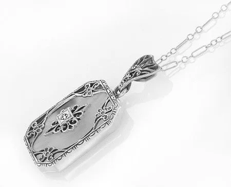 Art Deco Filigree Scrolls Starburst Crystal and Diamond Pendant Necklace in 14 Karat White Gold