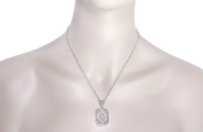 Art Deco Filigree Scrolls Starburst Crystal and Diamond Pendant Necklace in 14 Karat White Gold