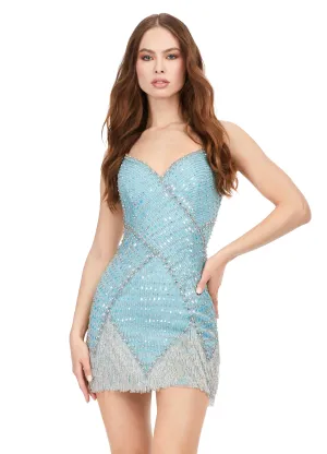 Ashley Lauren 4593 Short Fitted Liquid Beaded Fringe Formal Cocktail Dress Pageant Homecoming