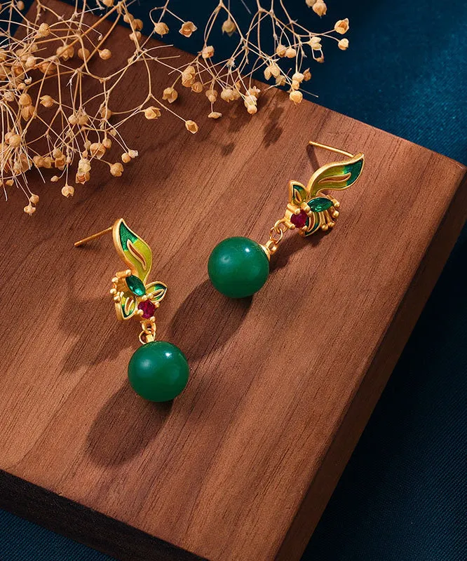 Beautiful Green Floral Agate Cloisonne Drop Earrings