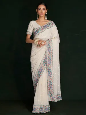 Beautiful White Georgette Embroidered Saree With Unstitched Blouse