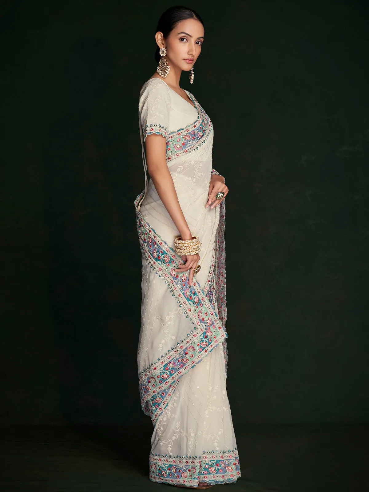 Beautiful White Georgette Embroidered Saree With Unstitched Blouse