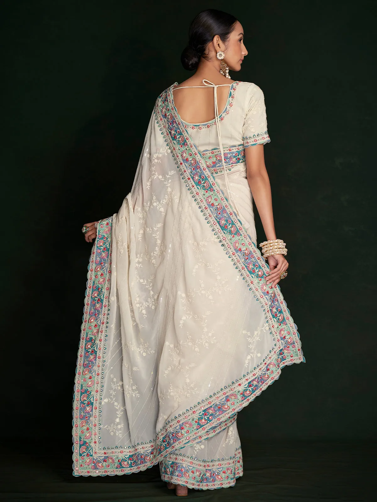 Beautiful White Georgette Embroidered Saree With Unstitched Blouse