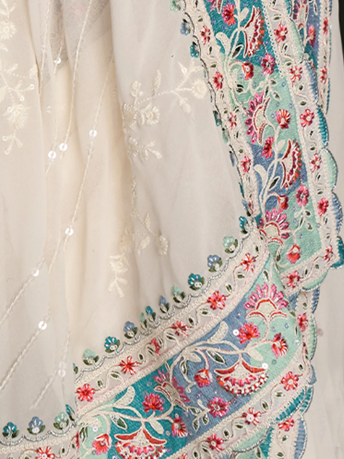 Beautiful White Georgette Embroidered Saree With Unstitched Blouse