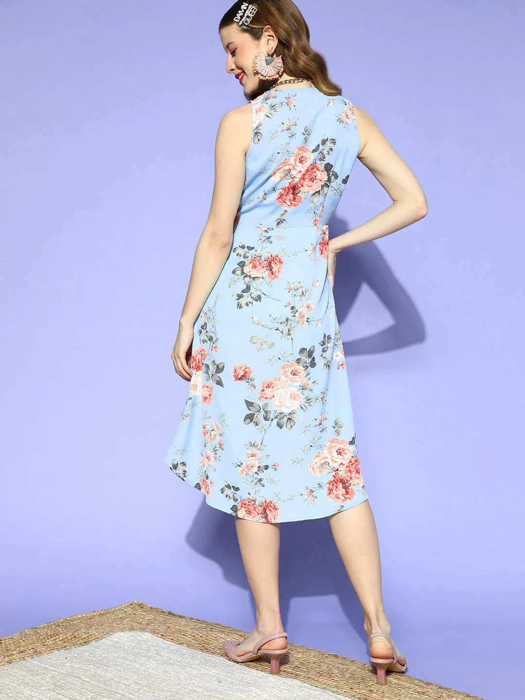 Berrylush Women Blue Floral Printed V-Neck Crepe Tulip Hem A-Line Midi Dress