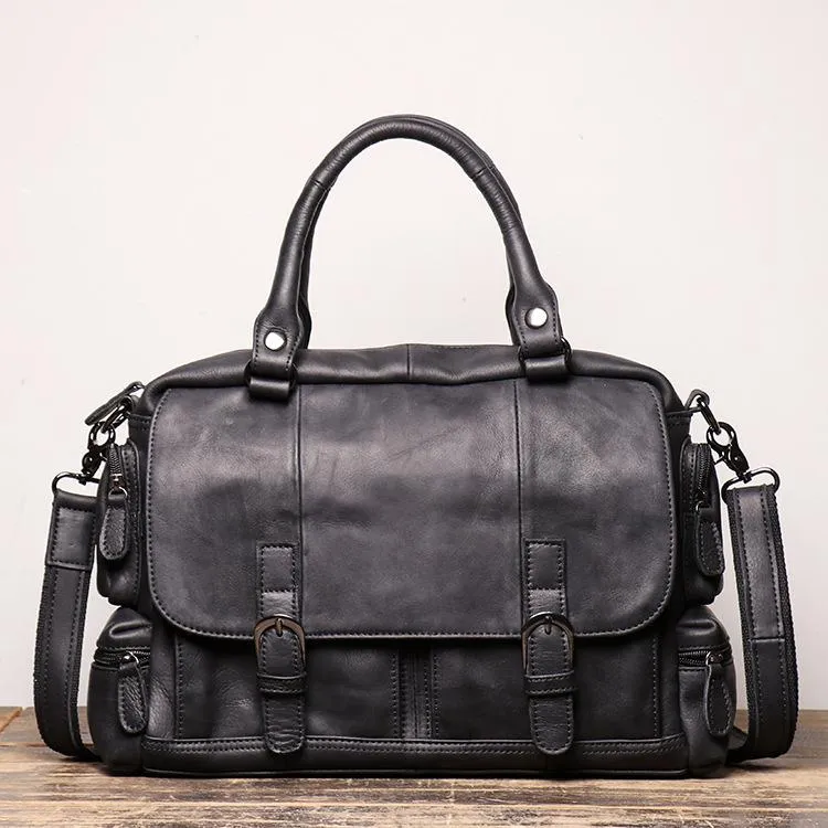 Black Leather Men 14 inches Briefcase Handbag Laptop Handbag Messenger Bag For Men