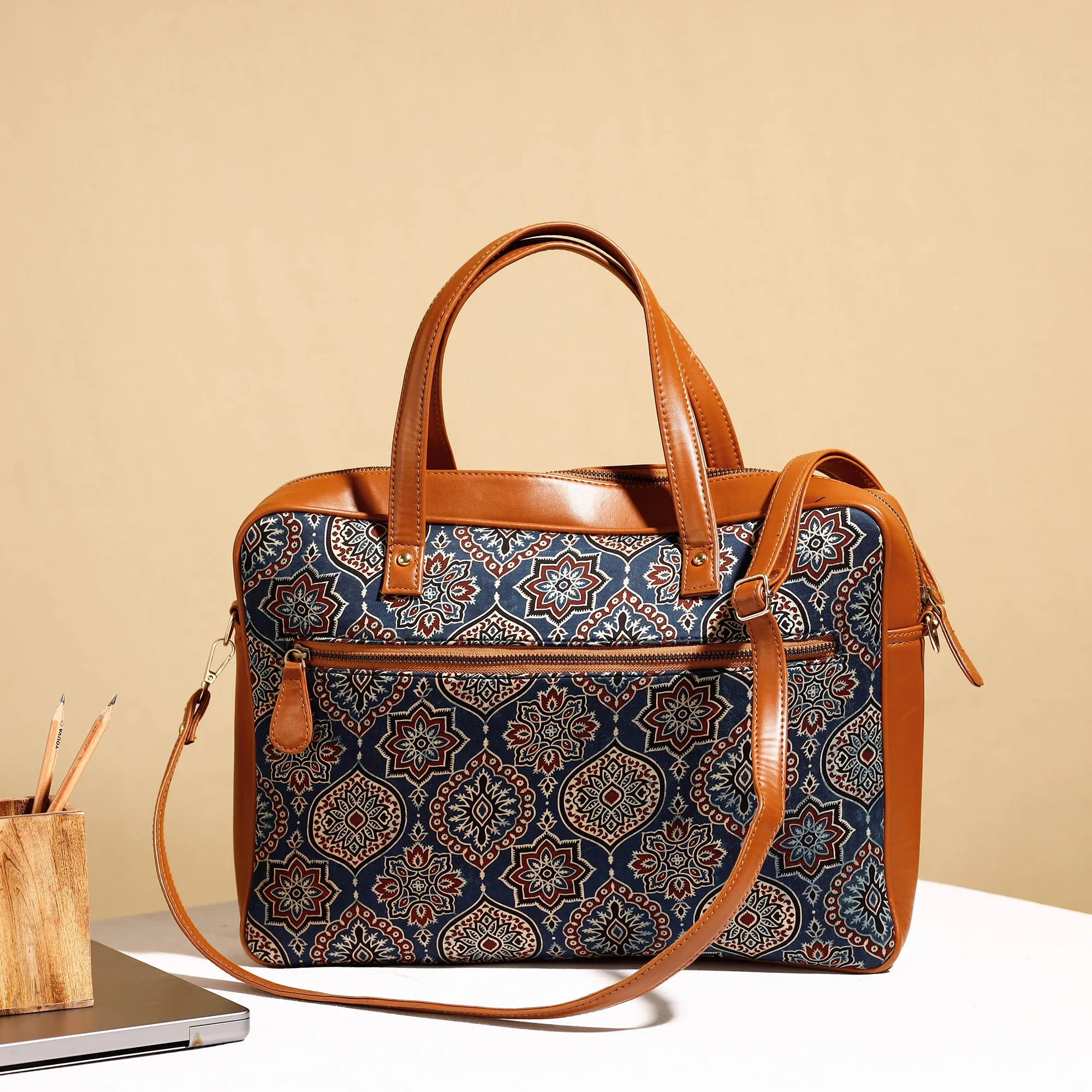 Blue - Handcrafted Ajrakh Block Printed Modal Silk Laptop Bag (15 x 13 in)