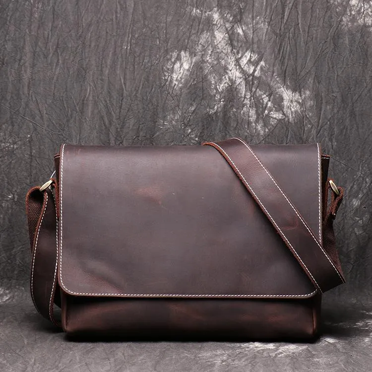 Brown Leather Mens 10 inches SMall Laptop Side Bag Courier Bag Messenger Bag Postman Bag For Men