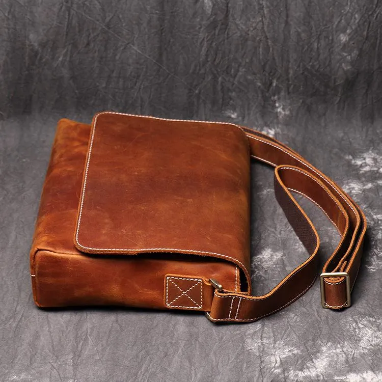 Brown Leather Mens 10 inches SMall Laptop Side Bag Courier Bag Messenger Bag Postman Bag For Men