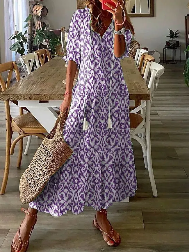 Casual Loose V-neck Printed  Long Dress