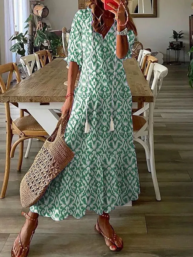 Casual Loose V-neck Printed  Long Dress