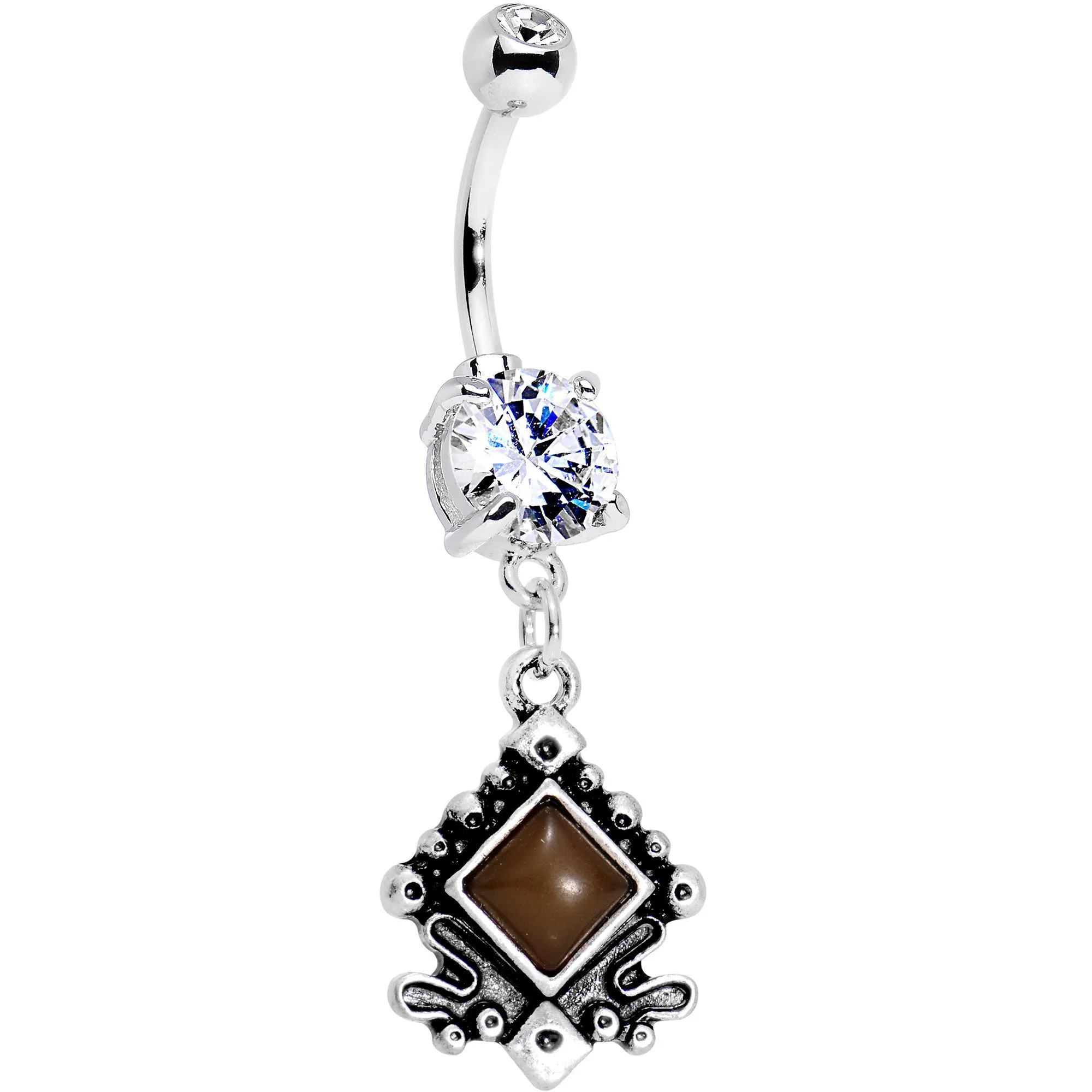 Clear Gem Elegantly Etched Dangle Belly Ring