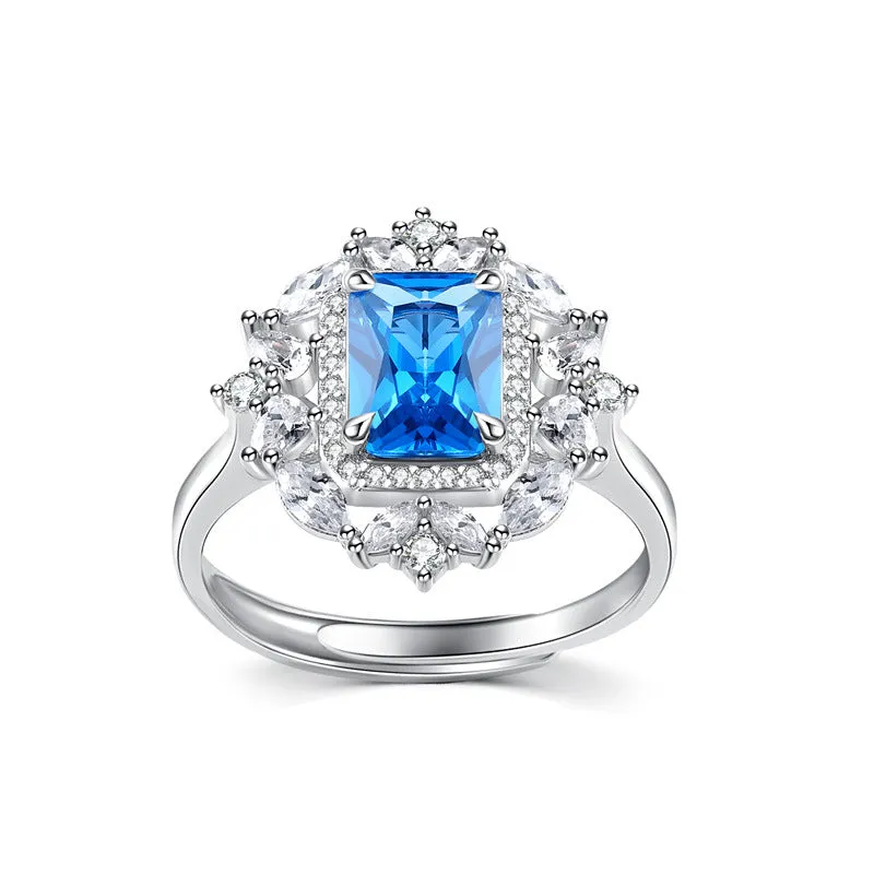 Colourful Radiant Cut Zircon Soleste Halo Flower Silver Ring for Women