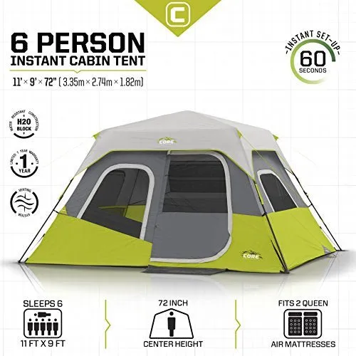 CORE 6 Person Instant Cabin Tent | Portable Large Pop Up Tent