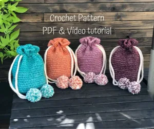 Crochet bag pattern, crochet drawstring pom pom bag pattern, backpack, bag pattern, crochet