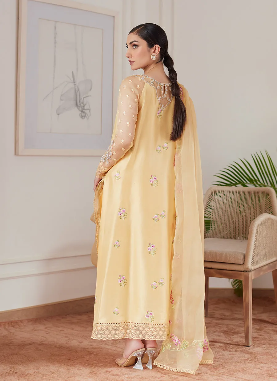 Cyrilla Pale Yellow Embroidered Raw Silk Shirt With Draped Dupatta