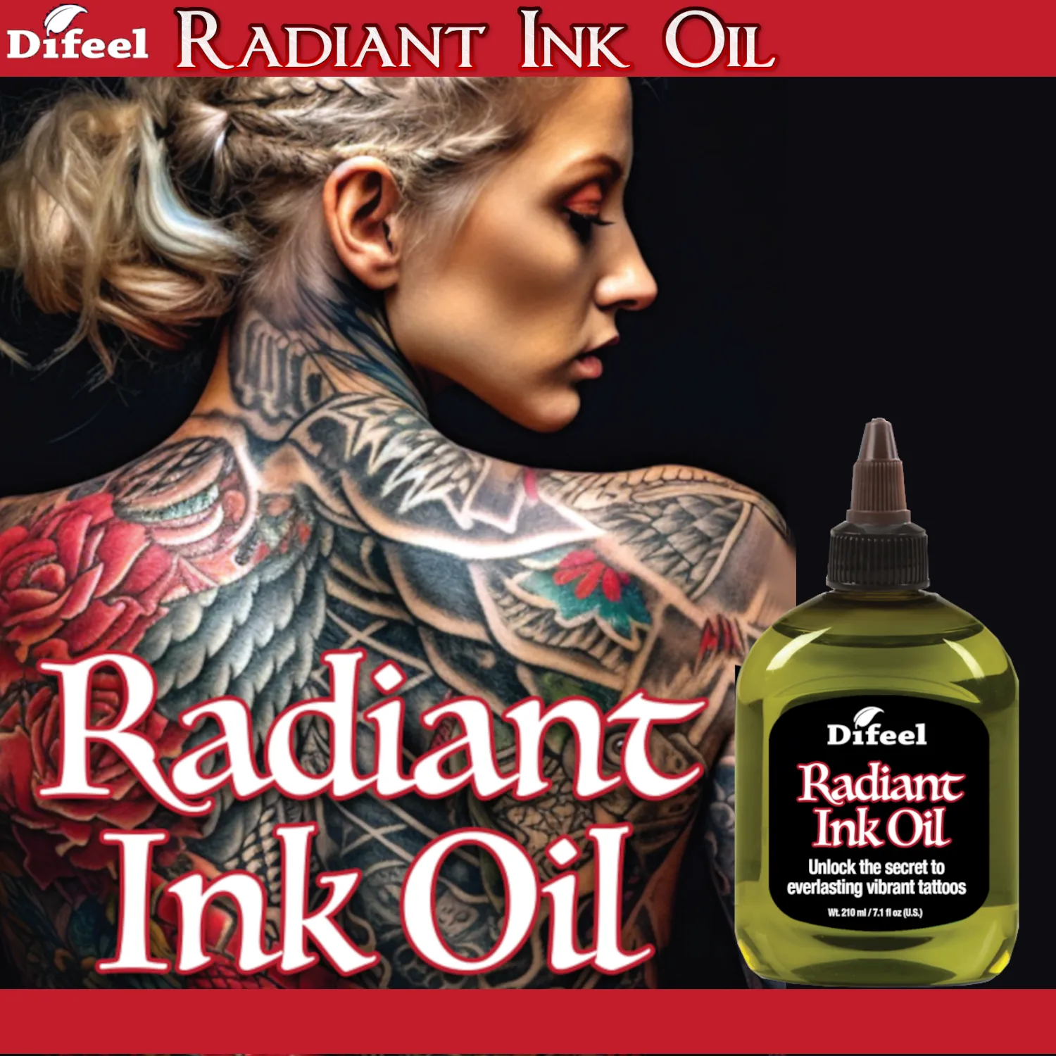 Difeel Radiant Ink Oil - Freshens and Adds Vibrancy to Faded Tattoos 7.1 oz.