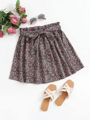 Ditsy Floral Print Paperbag Waist Belted Skirt