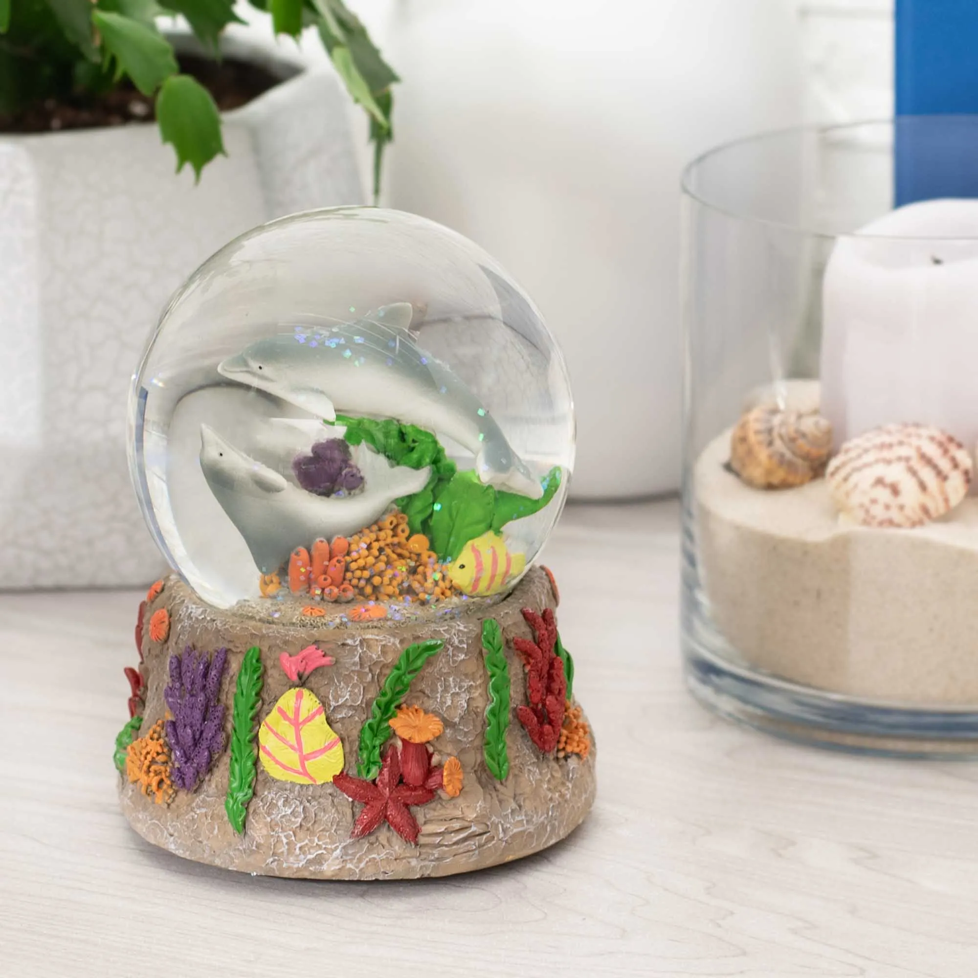 Dolphins Playing in the Reef 100MM Music Snow Globe Plays Song By the Beautiful Sea