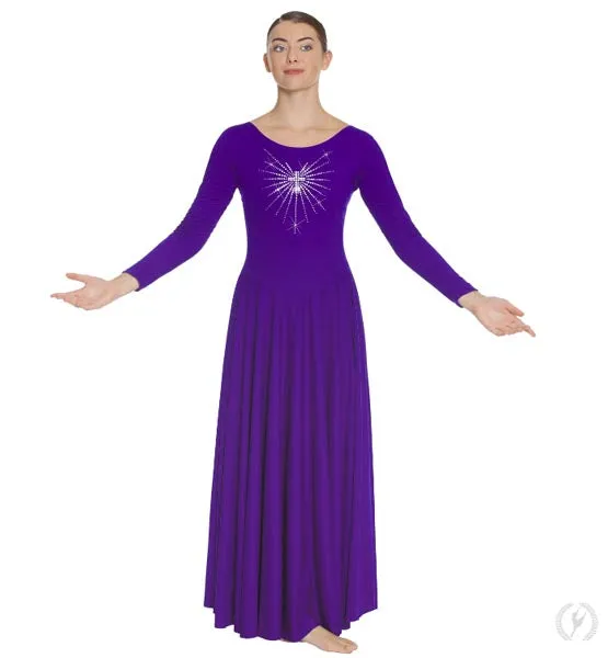 Eurotard 11030 Womens Front Lined Long Sleeve Praise Dress with Rhinestone Radiant Cross