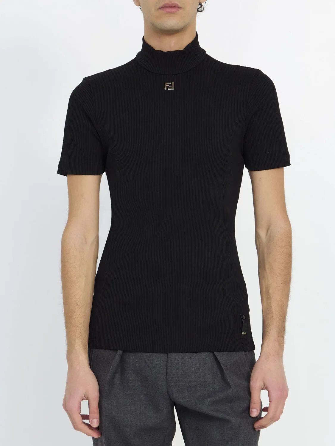 FENDI Knit T-Shirt with Stand-Up Collar for Men