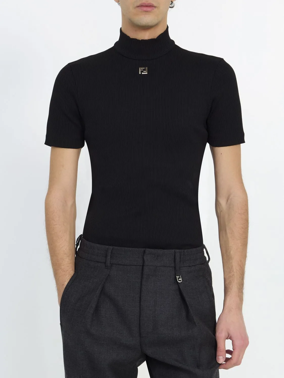 FENDI Knit T-Shirt with Stand-Up Collar for Men