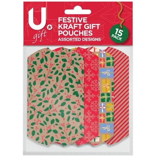 Festive Kraft Gift Pouches - 15 Pack Rustic Kraft Paper Design Christmas Holiday Gifts