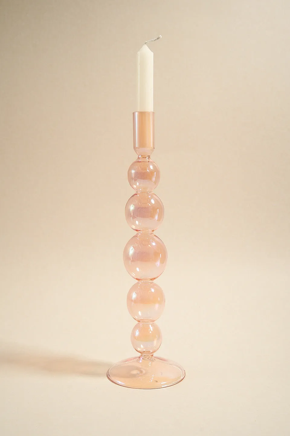 Five Bubble Pearl Pink 30cm Glass Taper Candle Holder