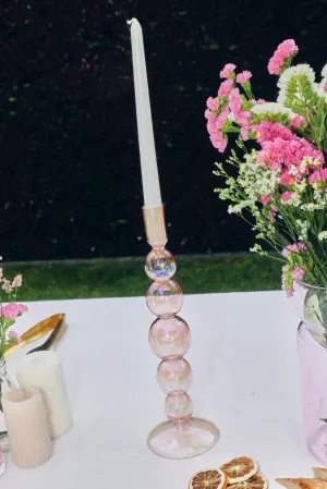 Five Bubble Pearl Pink 30cm Glass Taper Candle Holder