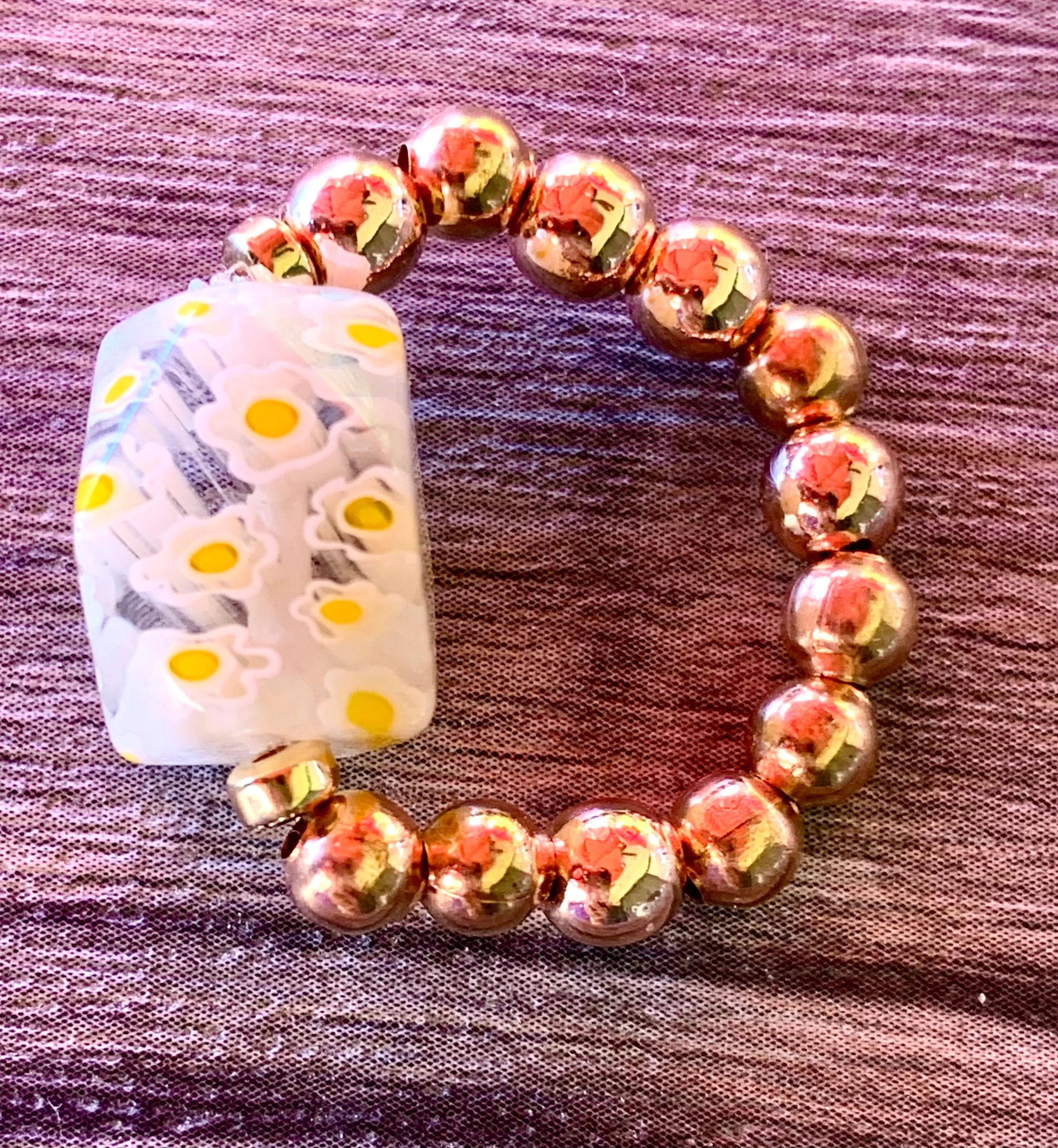 Flower Girl- Handmade Millefiori, Hematite, and Rainbow Moonstone or Rose Gold Expandable Rings