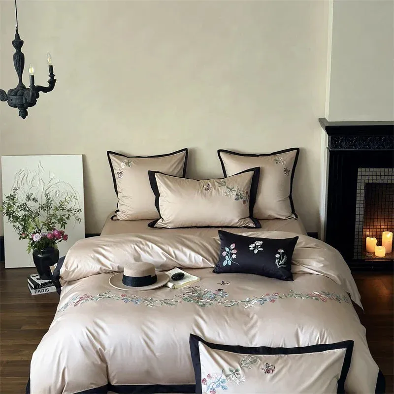 Flytonn-1000TC Egyptian Cotton Butterfly Flowers Embroidery Bedding Set Duvet Cover Set Flat/Fitted Bed Sheet Pillowcases Home Textiles