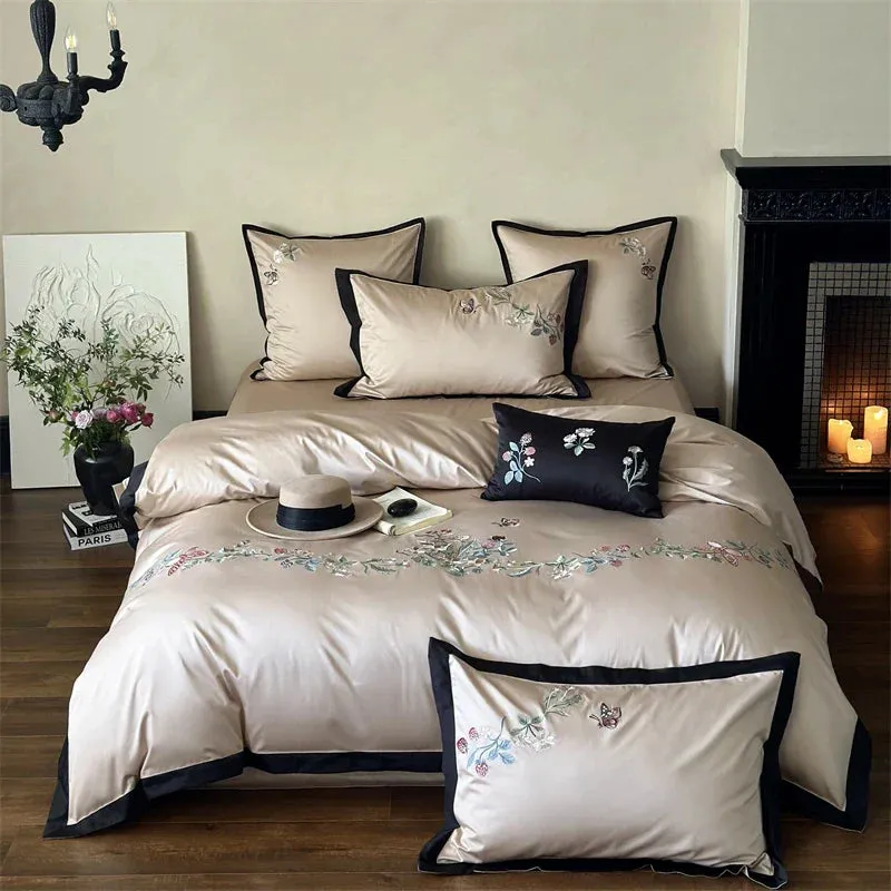 Flytonn-1000TC Egyptian Cotton Butterfly Flowers Embroidery Bedding Set Duvet Cover Set Flat/Fitted Bed Sheet Pillowcases Home Textiles