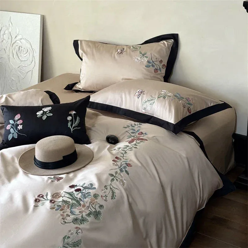 Flytonn-1000TC Egyptian Cotton Butterfly Flowers Embroidery Bedding Set Duvet Cover Set Flat/Fitted Bed Sheet Pillowcases Home Textiles