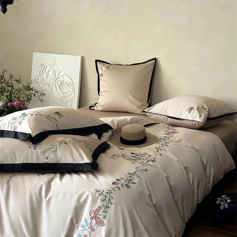 Flytonn-1000TC Egyptian Cotton Butterfly Flowers Embroidery Bedding Set Duvet Cover Set Flat/Fitted Bed Sheet Pillowcases Home Textiles