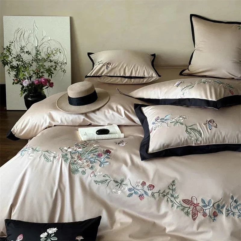 Flytonn-1000TC Egyptian Cotton Butterfly Flowers Embroidery Bedding Set Duvet Cover Set Flat/Fitted Bed Sheet Pillowcases Home Textiles