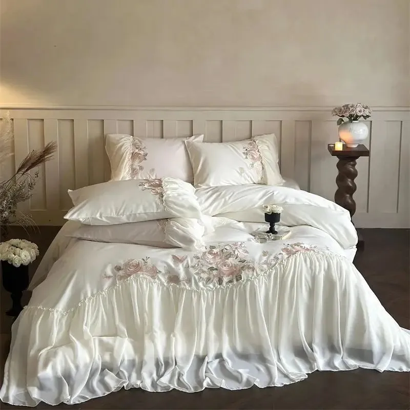 Flytonn-1000TC Egyptian Cotton Romantic French Wedding Bedding Set Lace Ruffles Flowers Embroidery Duvet Cover Bed Sheet Pillowcase 4Pcs